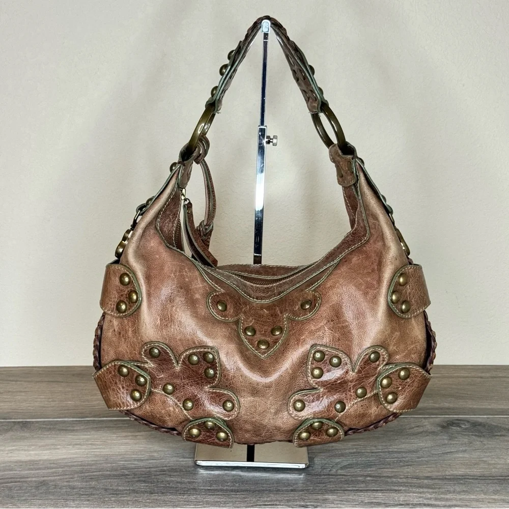 Isabella Fiore Oasis Hobo Brown Distressed Leather Brass Studded Shoulder Bag - Picture 2 of 16